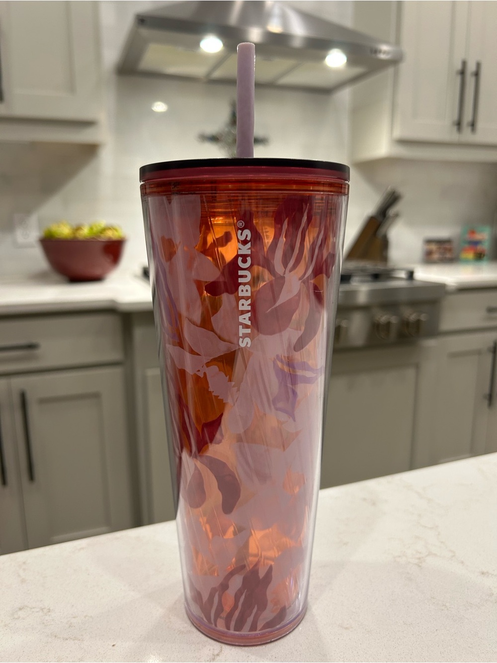 Starbucks Iridescent Orange Floral Reusable Tumbler with Pink Straw